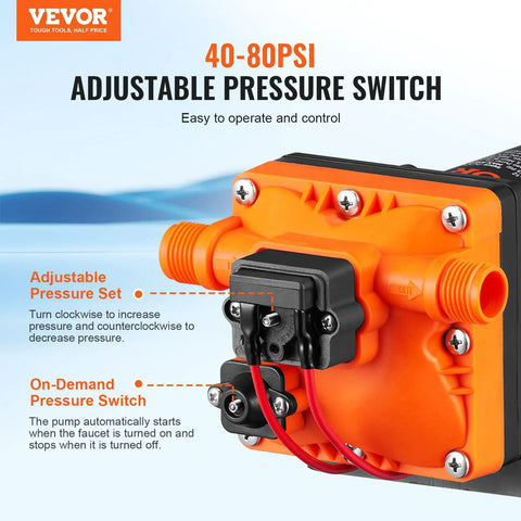 Close-up of 12V Diaphragm Water Pump 3.5 GPM Self Priming With Adjustable 40 To 80 PSI Overload Protection half inch MNPT