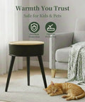 1500W PTC Ceramic Space Heater With Side Table next to sofa and sleeping cat, focus on safety features text, black, living room scene
