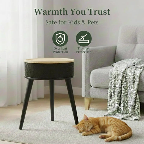 1500W PTC Ceramic Space Heater With Side Table next to sofa and sleeping cat, focus on safety features text, black, living room scene