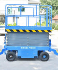 Heavy Duty Electric Hydraulic Scissor Lift Platform With 1000 Kg Capacity Mobile Aerial Work Table showing blue exterior and raised platform.