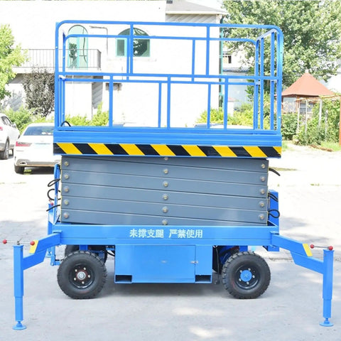 Heavy Duty Electric Hydraulic Scissor Lift Platform With 1000 Kg Capacity Mobile Aerial Work Table showing blue exterior and raised platform.