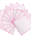 12 Piece 8 Layer Cotton Gauze Cleaning Cloths Highly Absorbent Reusable Multi Purpose Towels stacked with pink edges.
