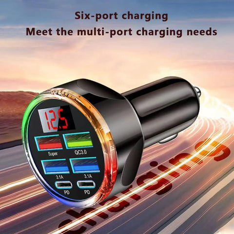 Hassle Free 6 In 1 Usb C Car Phone Charger With Real Time Volt Meter, 250W Multiport Cigarette Lighter Plug for quick mobile charging.
