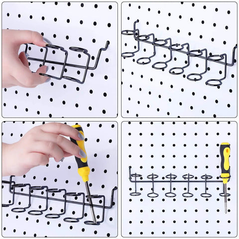Pegboard Screwdriver And Tool Holder Rack Set With Six Ring Style Hooks For Pliers And Small Tools, Quick Clip On Mount.