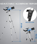 70mm Travel Astronomy Telescope With 400mm Focal Length And 70mm Aperture, K6 And K25 Eyepieces, 45 Degree Erect Diagonal, Adjustable Tripod, Phone Adapter, Great For Beginners And Stargazers. Adjustable aluminum tripod with flip lock lever