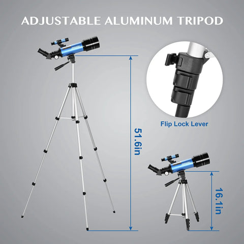 70mm Travel Astronomy Telescope With 400mm Focal Length And 70mm Aperture, K6 And K25 Eyepieces, 45 Degree Erect Diagonal, Adjustable Tripod, Phone Adapter, Great For Beginners And Stargazers. Adjustable aluminum tripod with flip lock lever
