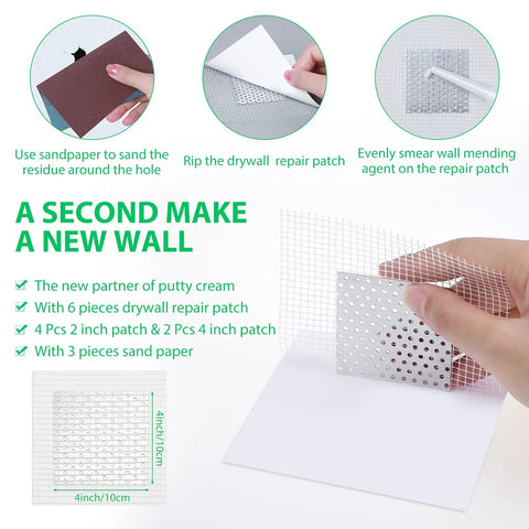 Image showing Big Hole Drywall Repair Kit With Scraper, DIY Dream Patch Mender with mesh grid and instructions for repairing walls.