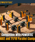 4 Pack Parallel Clamp Blocks For Cabinet Doors And Frames Pro Grade Woodworking Clamping Aids That Fit Most Standard Parallel Clamps Also Wall Mountable Storage For Quick Access And Organization. Four black and orange clamp blocks on a workshop table, compatible with POWERTEC parallel clamps