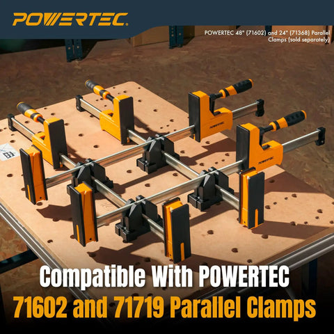 4 Pack Parallel Clamp Blocks For Cabinet Doors And Frames Pro Grade Woodworking Clamping Aids That Fit Most Standard Parallel Clamps Also Wall Mountable Storage For Quick Access And Organization. Four black and orange clamp blocks on a workshop table, compatible with POWERTEC parallel clamps