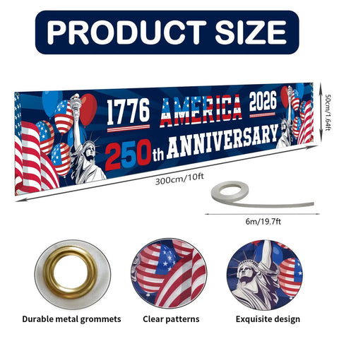250th Anniversary American Banner Flag 1776 2026 Patriotic Decor, 300x50 cm, with grommets, shows Statue of Liberty, USA flag.