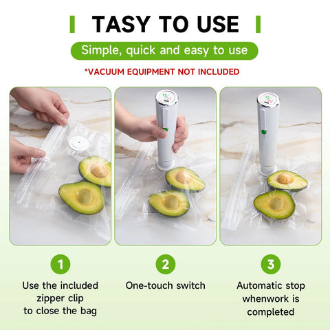 Three-panel Vixino vacuum sealer bags usage with handheld sealer on avocado halves; shows clip, switch, auto-stop steps