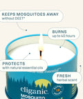 Citronella Mosquito Repellent Candle Pack Of 2 For Outdoor Adventures Camping With Essential Oils Soybean And Beeswax Burns 18 Hours DEET Free Naturally Scented With Rosemary And Lemongrass For Outdoor Relaxation in a blue tin with text highlighting features.