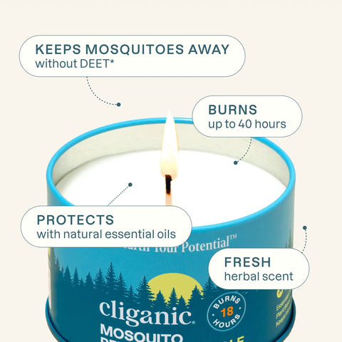 Citronella Mosquito Repellent Candle Pack Of 2 For Outdoor Adventures Camping With Essential Oils Soybean And Beeswax Burns 18 Hours DEET Free Naturally Scented With Rosemary And Lemongrass For Outdoor Relaxation in a blue tin with text highlighting features.