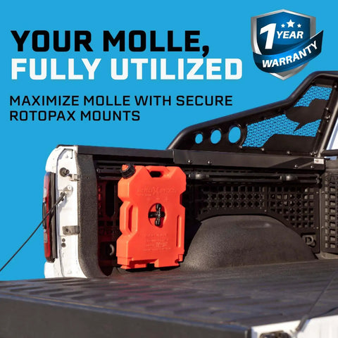Rock Solid Molle Panel RotoPax Mount For Your Overland Trail Rig durable quick lock design with RotopaX water can on truck bed