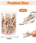 100 Piece Natural Wood Push Pin Clip Set Includes Clear Tube To Tidy Up Papers And Memos No Fuss Thumb Tacks For Clean Desk Setup Goals, measuring 3.4x2.6 inches.