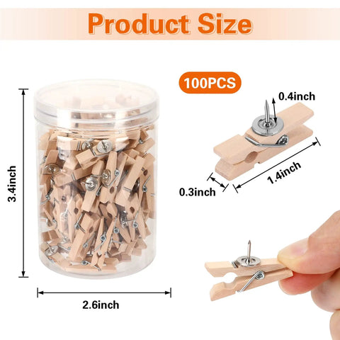 100 Piece Natural Wood Push Pin Clip Set Includes Clear Tube To Tidy Up Papers And Memos No Fuss Thumb Tacks For Clean Desk Setup Goals, measuring 3.4x2.6 inches.