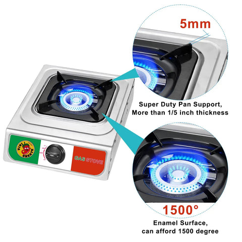 10000 BTU Propane Portable Stove For Outdoor Camping Single Burner Stainless Steel Cooktop with detailed burner view