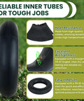 Two Pack 4.80/4.00-8 Inner Tubes With TR87 Angled Valve Stem on grass, features highlighted for heat resistance and easy inflation.