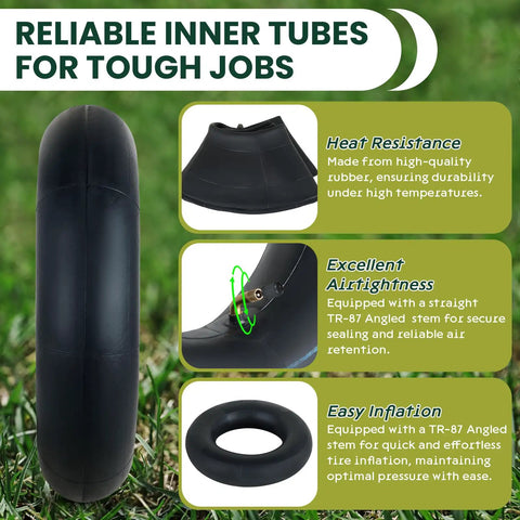 Two Pack 4.80/4.00-8 Inner Tubes With TR87 Angled Valve Stem on grass, features highlighted for heat resistance and easy inflation.