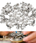 100 Pcs Watch Battery Clamp Screws Replacement Micro Screws Kit For Watch Repair And Jewelry Tool Set image with screws and repair in progress.