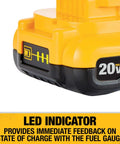 Close-up of 20V Max Battery Pack With Charger 3Ah Long Run Time Fuel Gauge LEDs No Memory Virtually No Self Discharge Durable Power