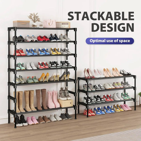 Three Tier Shoe Rack For Closet Front Door Entryway And Garage, stackable freestanding shoe storage with steel frame and shoes