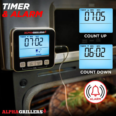 Image of Digital Meat Thermometer For Grilling And Smoking With 7 Preset Temperature Alerts, Timer And Alarm, shown with timer display.