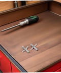 Adjustable Pivot Shaft hardware and screwdriver on wooden workbench for Upgrade Your Home With These Top Shelf Adjustable Spring Loaded Rotating Pivot Shafts For Folding Room Dividers And Heavy Duty Door Partitions That Rock Securely.