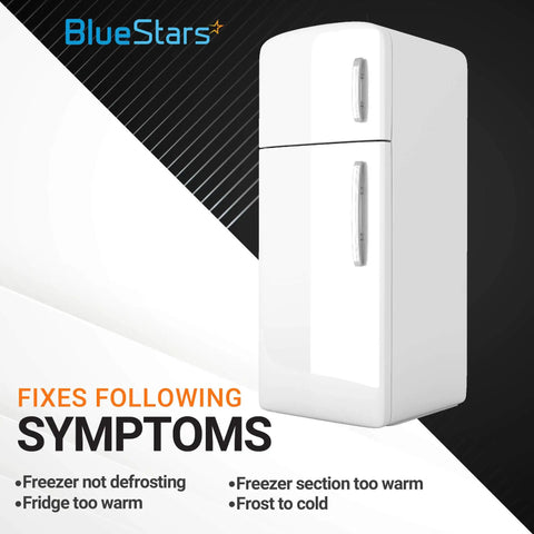 Image showing a white refrigerator with text listing symptoms fixed by Heavy Duty Fridge Defrost Thermostat Kit For Frigidaire Kenmore Electrolux