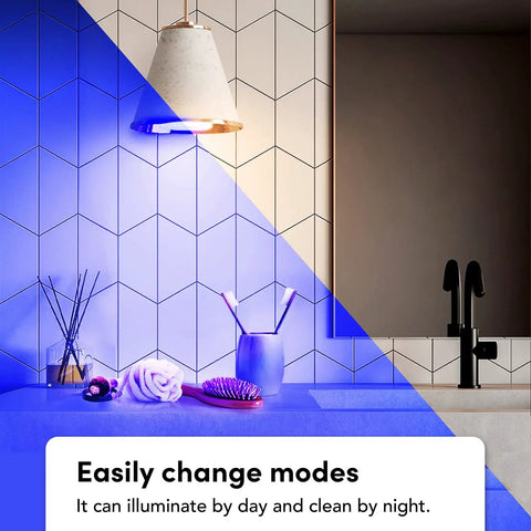 Smart LED Light Bulb 2 Pack With Wi Fi Full Color RGBW 1100 Lumens Antibacterial HEV Mode illuminating a tiled bathroom countertop