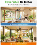 28 Inch Socket Mount Fan With Led Remote shown in summer and winter modes, matte black housing in a modern living room.
