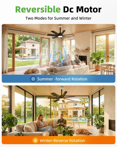 28 Inch Socket Mount Fan With Led Remote shown in summer and winter modes, matte black housing in a modern living room.