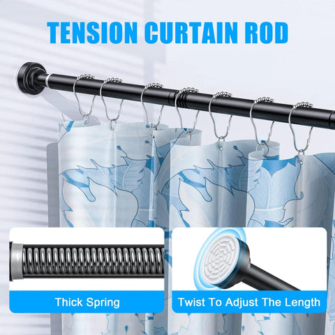 Adjustable Shower Curtain Rod 32 To 80 Inches No Drilling Spring Tension Rustproof Stainless Steel Anti Slip Never Collapse Easy To Install Bathroom Curtain Rod Black with curtain
