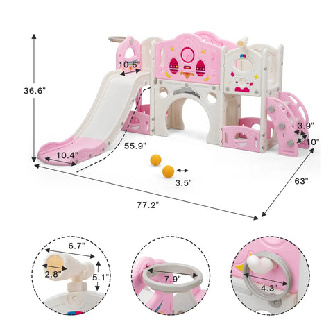 Diagram of 9-in-1 Toddler Slide And Climber Playset For Backyards Or Indoors with size dimensions and features
