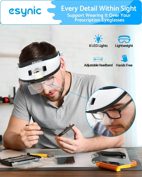 Head Magnifier With LED Light For DIYers Up To 6X Magnification With 5 Interchangeable Lenses being used for electronics repair