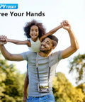Man wearing soft leather lanyard for DJI RC Series remotes, playing with child outdoors. Text reads: 'Free Your Hands.'
