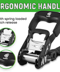 Ergonomic handle of Beefy Four Pack Heavy Duty Ratchet Straps 1.5 Inch By 15 Foot Tie Downs With 5,208 Pounds Break Strength Soft Loop Cargo Straps For Motorcycle And Truck Hauling Great For Everyday Use, featuring spring loaded latch release.