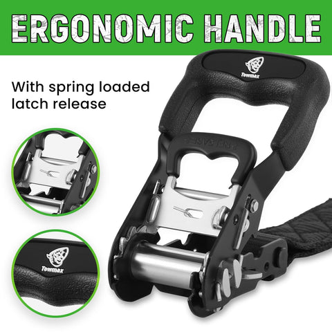 Ergonomic handle of Beefy Four Pack Heavy Duty Ratchet Straps 1.5 Inch By 15 Foot Tie Downs With 5,208 Pounds Break Strength Soft Loop Cargo Straps For Motorcycle And Truck Hauling Great For Everyday Use, featuring spring loaded latch release.