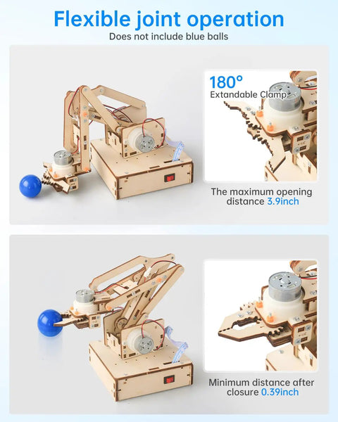 Hands On Robotic Arm Kit For Kids And Teens Aged 8 To 16, Totally Fun Kid Friendly STEM Toy For Learning Coding, Motors, Microcontroller, Circuits, And DIY Engineering Projects wooden robotic arm gripping a blue ball, 180° clamp