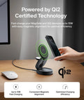 Person using MagSafe Ready 3 In 1 Qi2 15W Wireless Charger Station With Travel Stand And 36W Adapter on wooden desk.