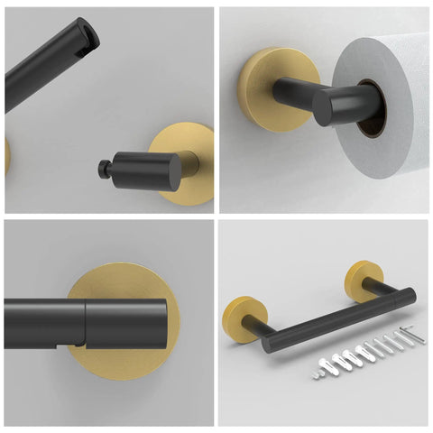 Matte Black And Brushed Brass Finish Double Post Pivoting Toilet Paper Holder Built Tough From SUS304 Stainless Steel Wall Mounted