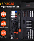 Complete 41 Piece Torque Wrench Set with quarter, three eighths, and half inch drives in case for car, motorcycle, bike repair.