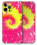 Full Body Skin Decal Wrap Kit For IPhone 11 Spiral Tie Dye V2, Bubble Free Application with vibrant pink and yellow design.