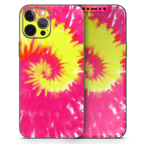 Full Body Skin Decal Wrap Kit For IPhone 11 Spiral Tie Dye V2, Bubble Free Application with vibrant pink and yellow design.