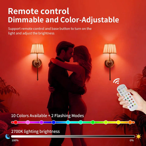 Slick Cordless Wall Sconces Set Of Two Packing All Day 10000 Mah Battery Life And Rgb Color Shift Lighting, showing remote control and light adjustment.
