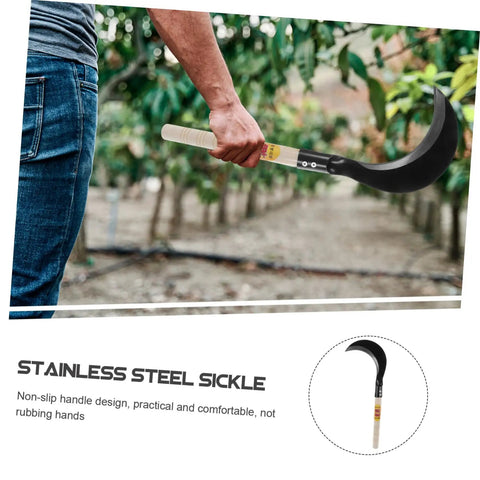 Person holding Manganese Steel Garden Sickle With Wooden Handle Ergonomic Design For Easy Weeding Trimming Harvesting