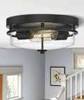 Rustic Seeded Glass Shade Black Flush Mount Ceiling Light 2 Light Fixture for Bedroom Kitchen Dining Room Hallway Entryway