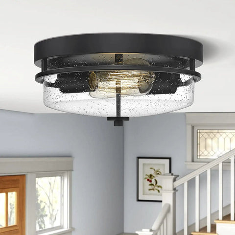 Rustic Seeded Glass Shade Black Flush Mount Ceiling Light 2 Light Fixture for Bedroom Kitchen Dining Room Hallway Entryway