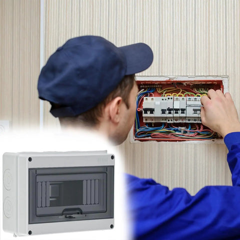 8 Way Circuit Breaker MCB Distribution Box With IP65 Waterproof Rating And Transparent Cover being installed by an electrician