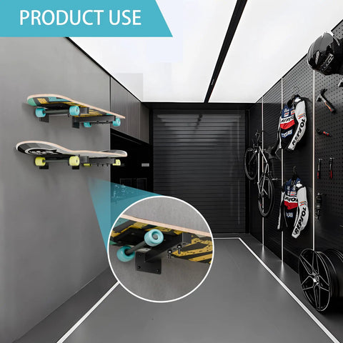 Skateboard Wall Mount Shelves 4 Pack Black Floating Brackets for Deck and Longboard Display in garage setup